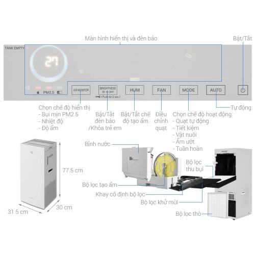 Máy lọc không khí Daikin 48m2 MCK70ZVM7-W 82W 2